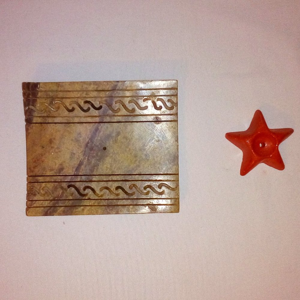 (2) Incense Holder Bundle: Carved Stone and Resin Red Star